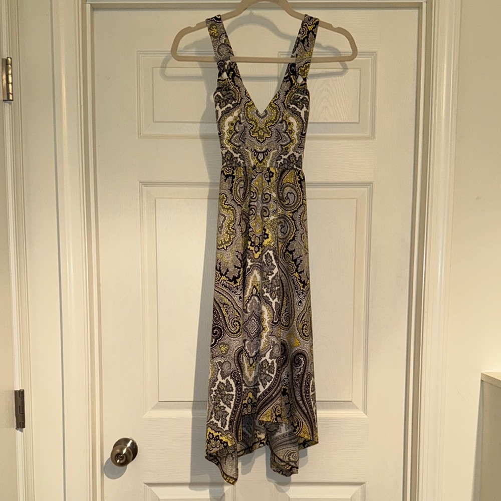 INC International Concepts Asymmetrical Paisley Print Dress Black Gold White